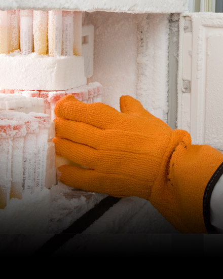 A gloved-hand reaching into a freezer to retrieve small vials.