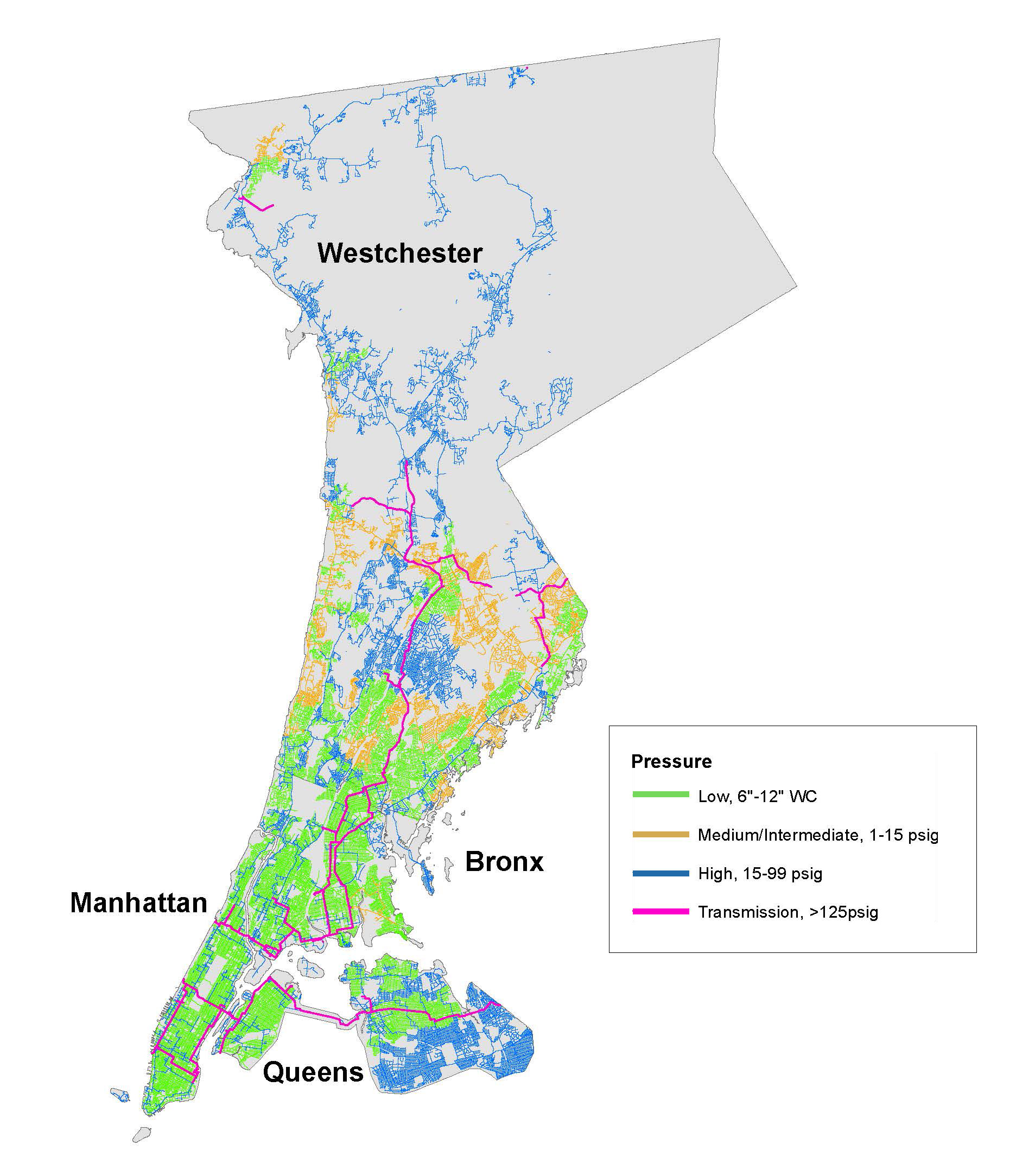 Un mapa del área de servicio de Manhattan, Queens, el Bronx y Westchester.