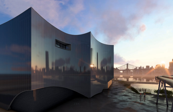 A rendering of the Brooklyn Clean Energy Hub with Manhattan skyline in the background.