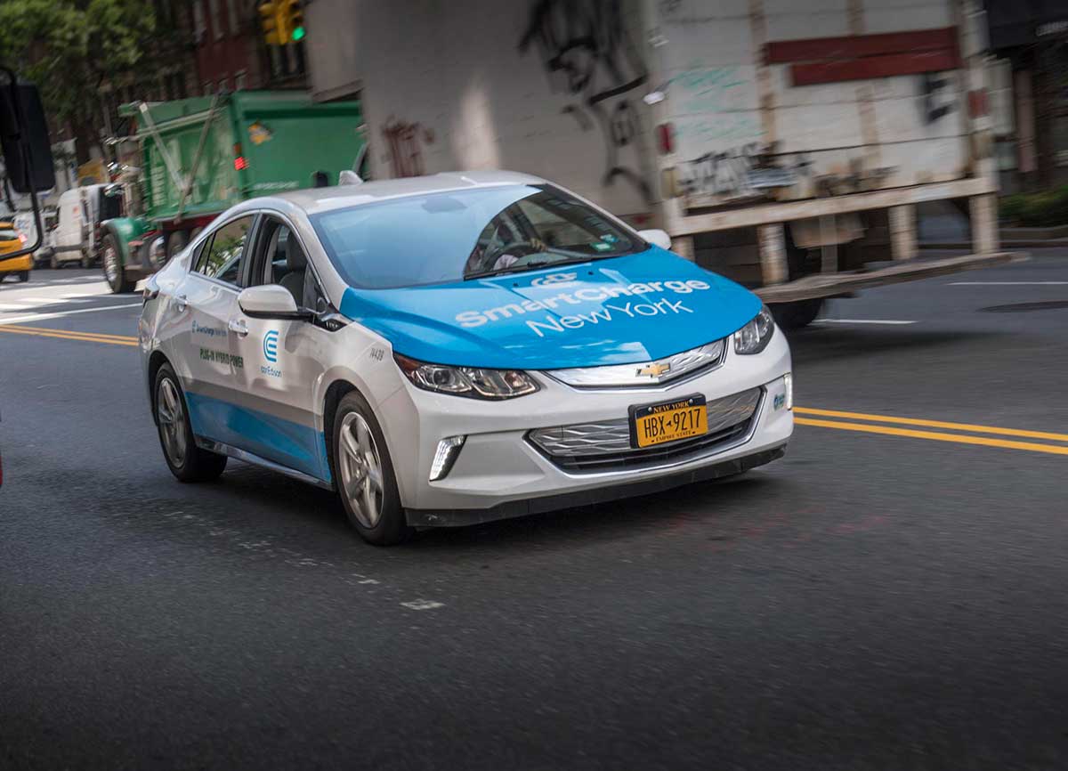 A plug-in hybrid power Smart Charge New York Con Edison Chevy Volt car.