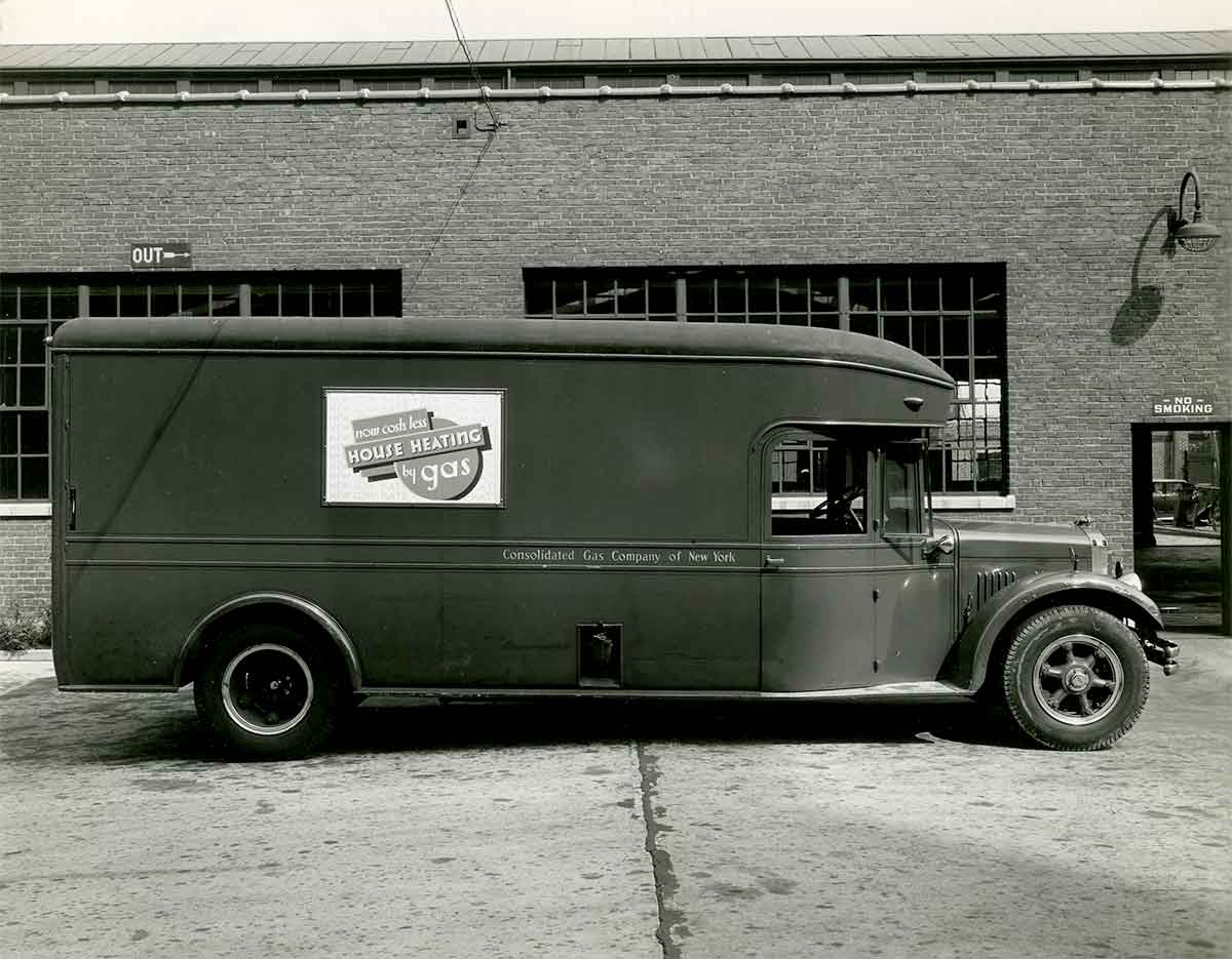Black and white photo of an historic Con Edison work van.