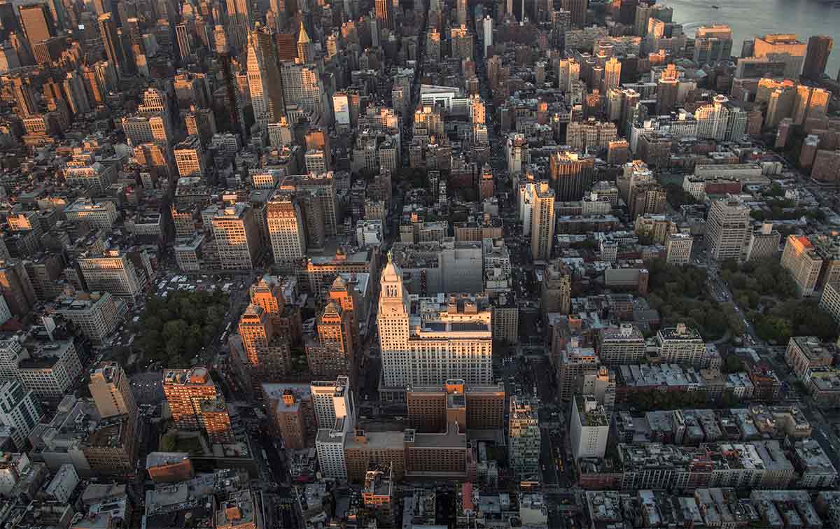 An aerial view of Con Edison's headquarters in downtown Manhattan.