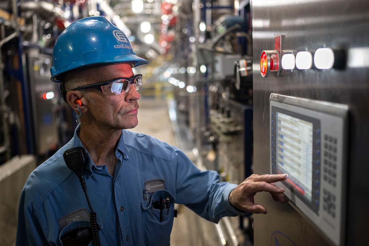A Con Edison employee at the East River Steam plant monitor's equipment.