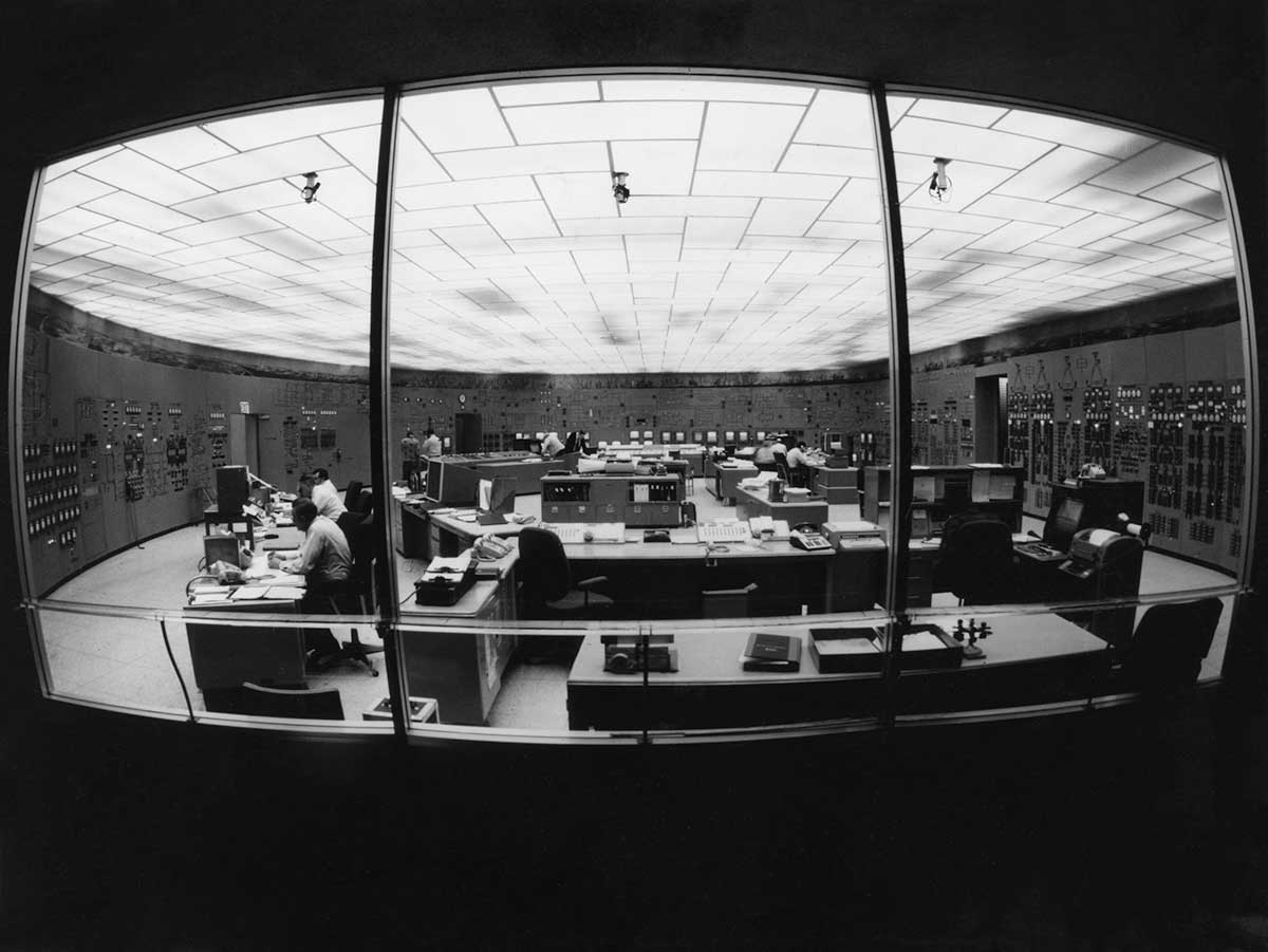 Fish-eye view of Con Edison's control room at the Energy Control Center.