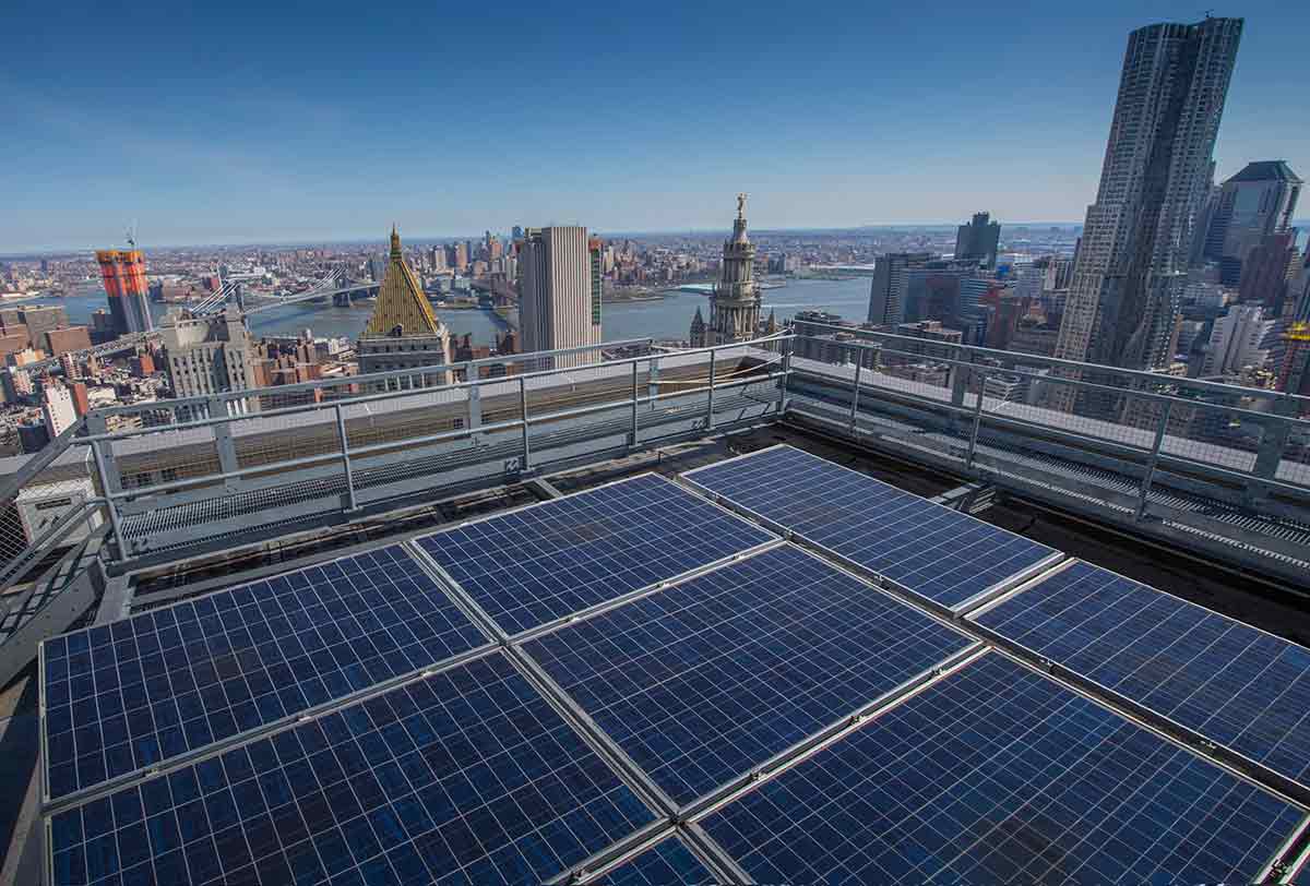 Solar panels on the roof of the Jacob Javits Federal Office Building in New York City.