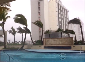 Vientos huracanados arrastran palmeras en la piscina de un hotel.