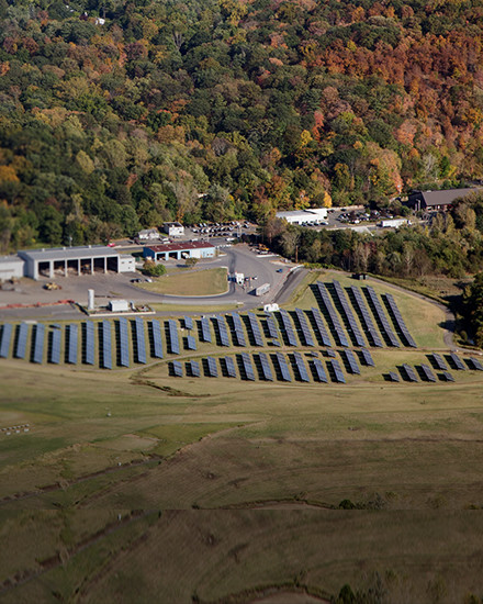 An aerial view of a solar farm.