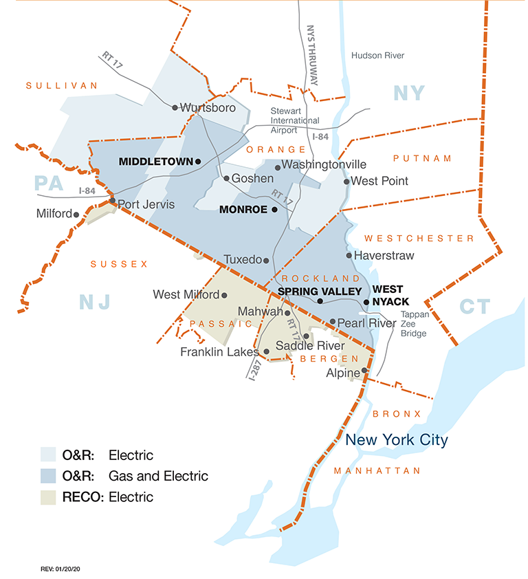 A service area map of Orange and Rockland gas and electric customers.